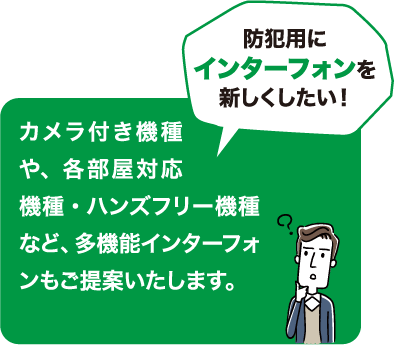 カメラ付き機種や、各部屋対応機種・ハンズフリー機種など、多機能インターフォンもご提案いたします。