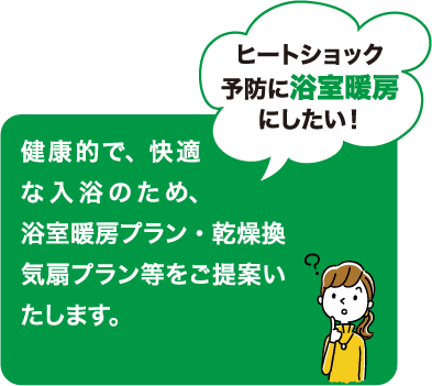 健康的で、快適な入浴のため、浴室暖房プラン・乾燥換気扇プラン等をご提案いたします。