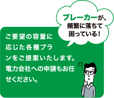 ご要望の容量に応じた各種プランをご提案いたします。電力会社への申請もお任せください。